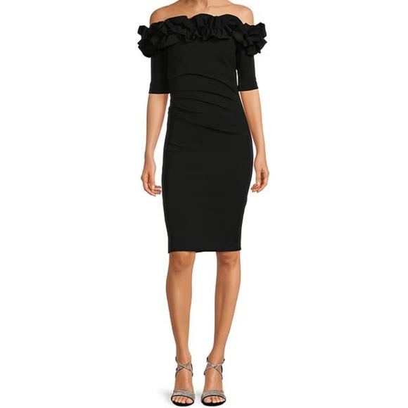Xscape Off-the-Shoulder Ruffle Neck Short Sleeve Stretch Scuba Crepe Dress - Picture 3 of 16